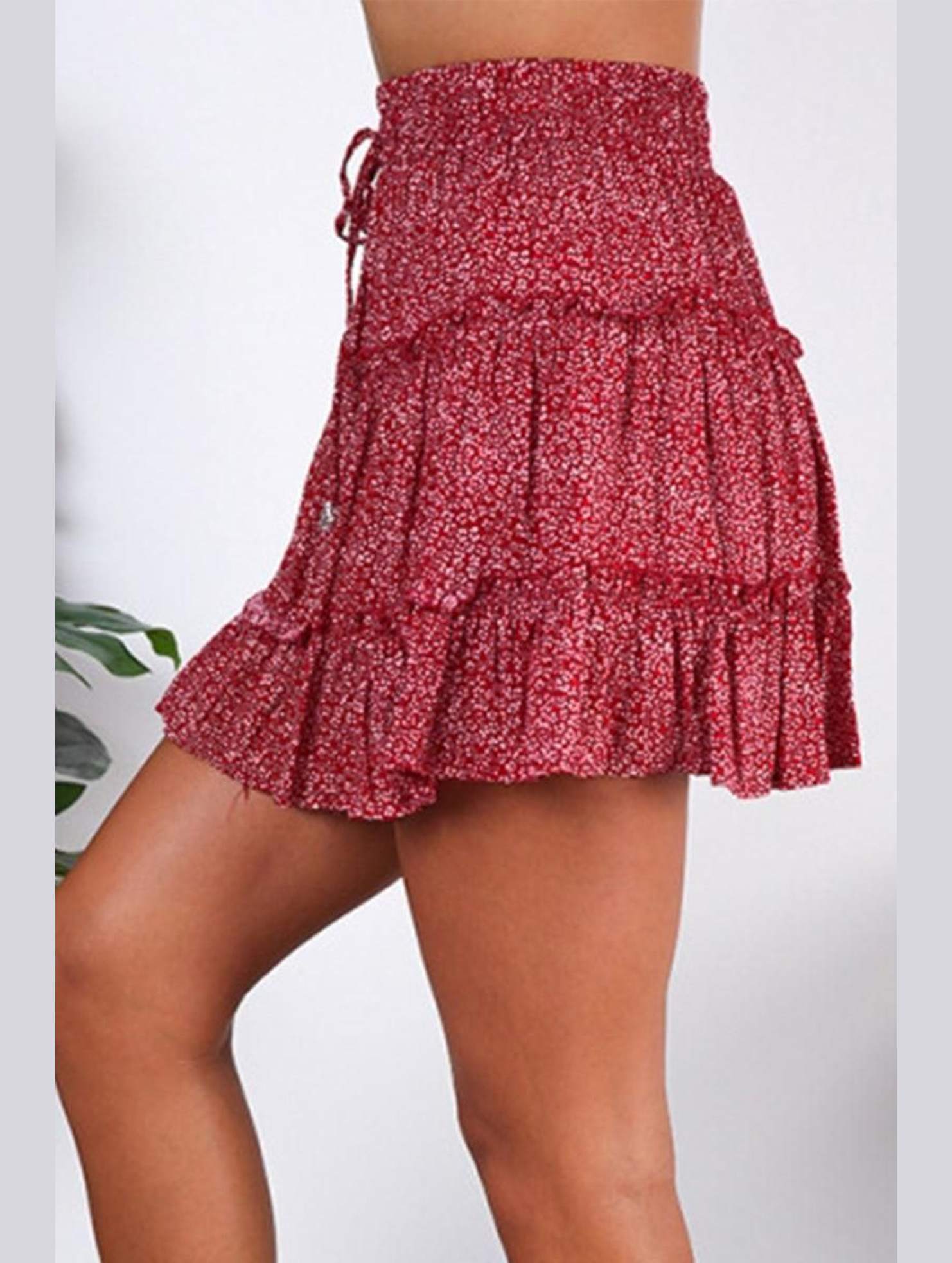 WOMEN HIGH WAISTED RUFFLED FLORAL A LINE SKIRT - Doublju