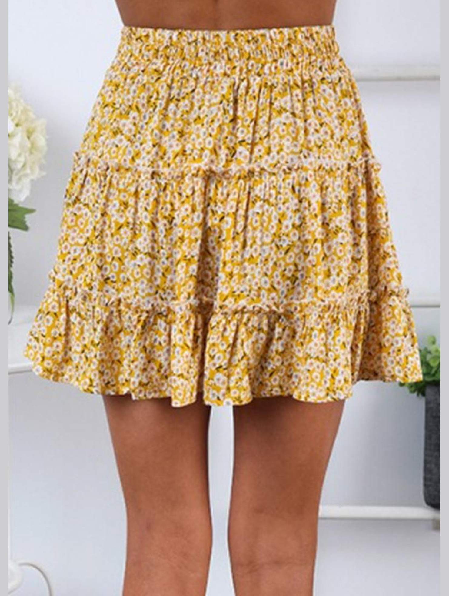 WOMEN HIGH WAISTED RUFFLED FLORAL A LINE SKIRT - Doublju