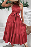TIED WAIST TIERED HALTER DRESS - Doublju