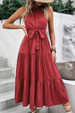 TIED WAIST TIERED HALTER DRESS - Doublju