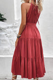 TIED WAIST TIERED HALTER DRESS - Doublju