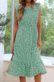 SLEEVELESS LACED ROUND NECK FLORAL PRINTED DRESS - Doublju