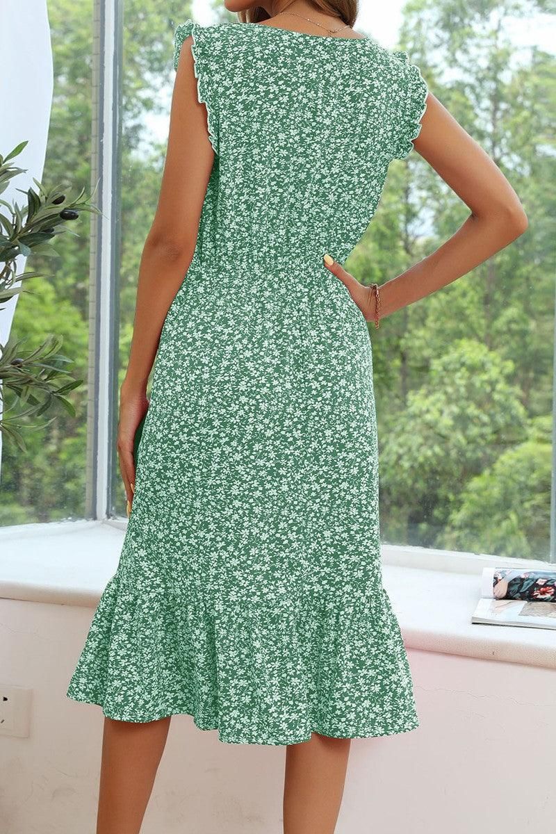 SLEEVELESS LACED ROUND NECK FLORAL PRINTED DRESS - Doublju