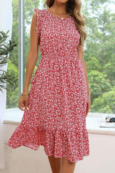 SLEEVELESS LACED ROUND NECK FLORAL PRINTED DRESS - Doublju