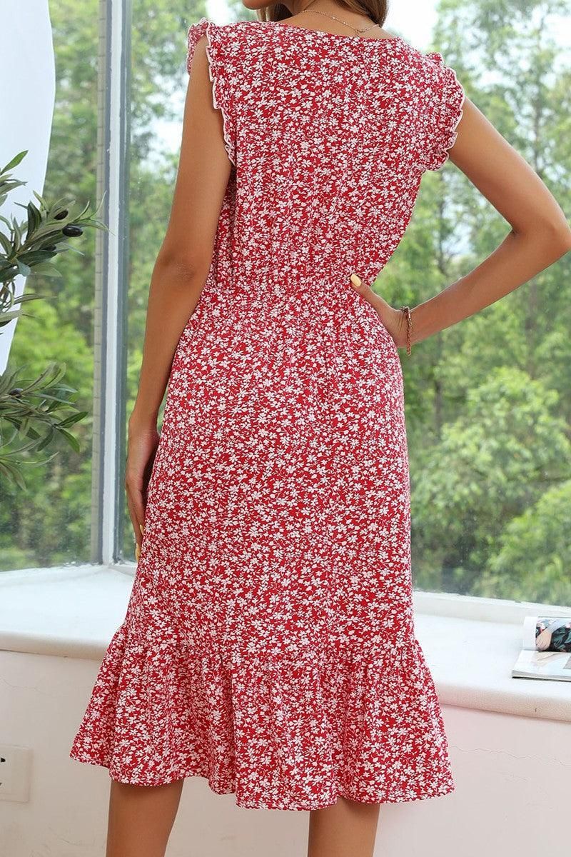 SLEEVELESS LACED ROUND NECK FLORAL PRINTED DRESS - Doublju
