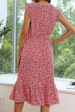 SLEEVELESS LACED ROUND NECK FLORAL PRINTED DRESS - Doublju