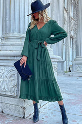 V NECK DRAWSTRING WAIST RUFFLED LONG DRESS - Doublju