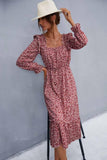 FLORAL SQUARE NECK FRILL SHOULDER DRESS - Doublju