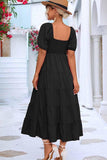 SQUARE NECK PUFF WRINKLE CHEST CAKE MAXI DRESS - Doublju