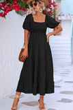 SQUARE NECK PUFF WRINKLE CHEST CAKE MAXI DRESS - Doublju