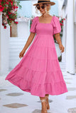SQUARE NECK PUFF WRINKLE CHEST CAKE MAXI DRESS - Doublju