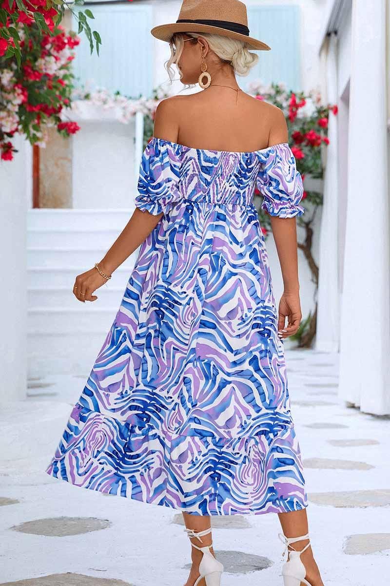 MABLE PATTERN OFF SHOULDER FLARE MAXI DRESS - Doublju