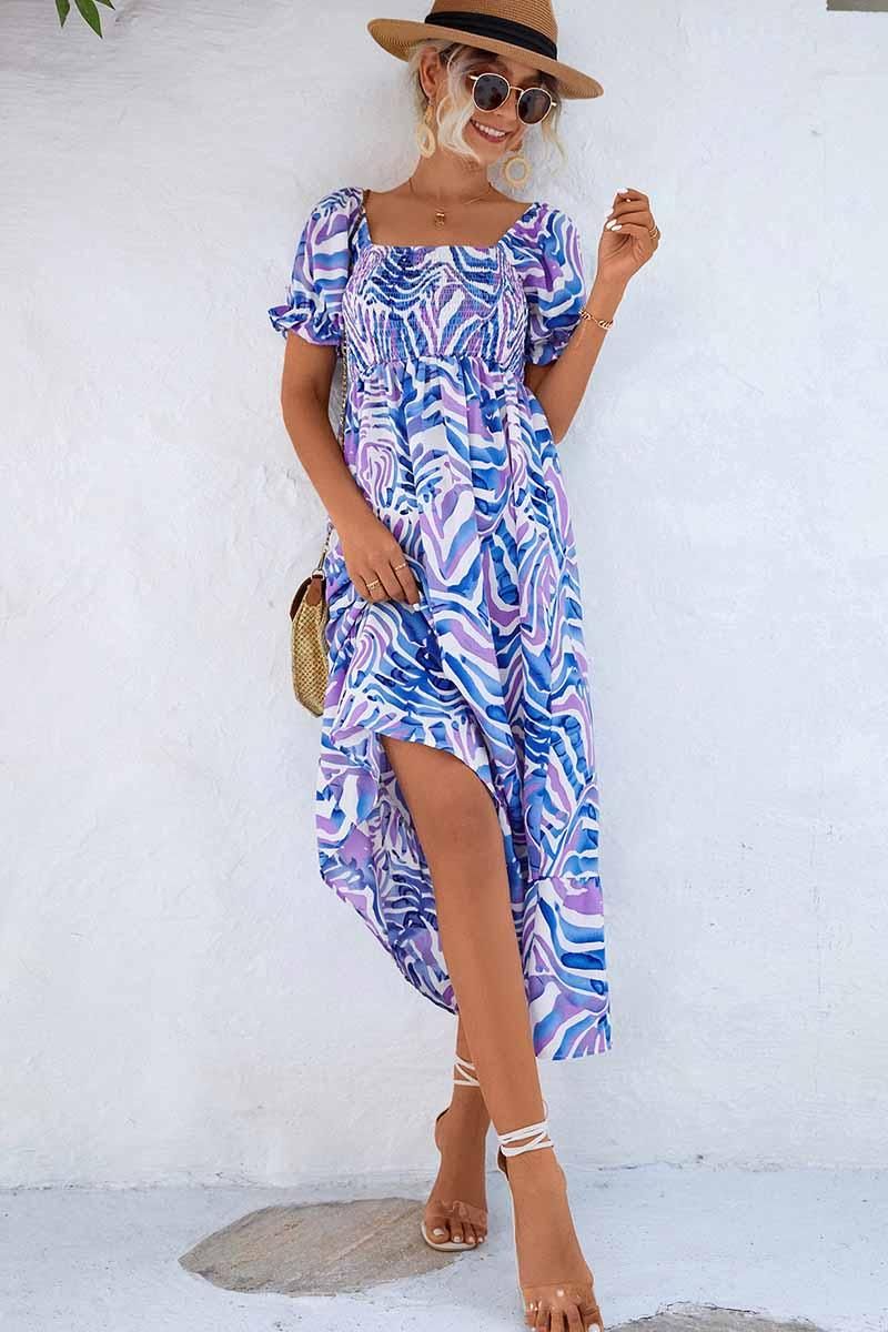 MABLE PATTERN OFF SHOULDER FLARE MAXI DRESS - Doublju