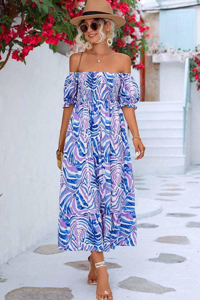 MABLE PATTERN OFF SHOULDER FLARE MAXI DRESS - Doublju