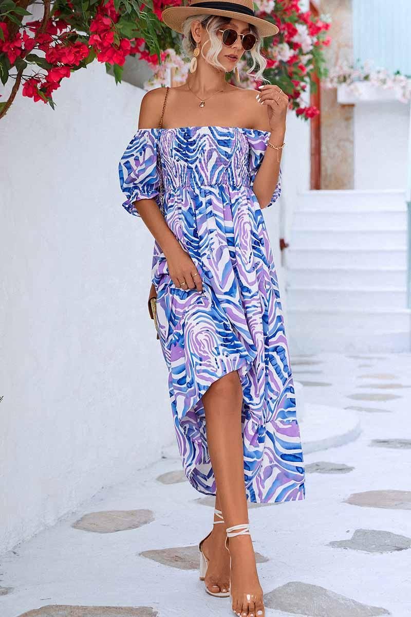 MABLE PATTERN OFF SHOULDER FLARE MAXI DRESS - Doublju