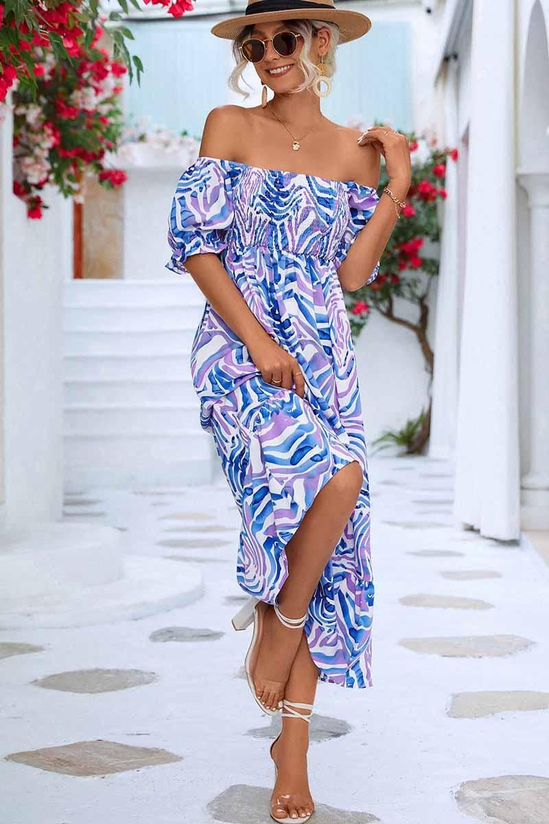 MABLE PATTERN OFF SHOULDER FLARE MAXI DRESS - Doublju