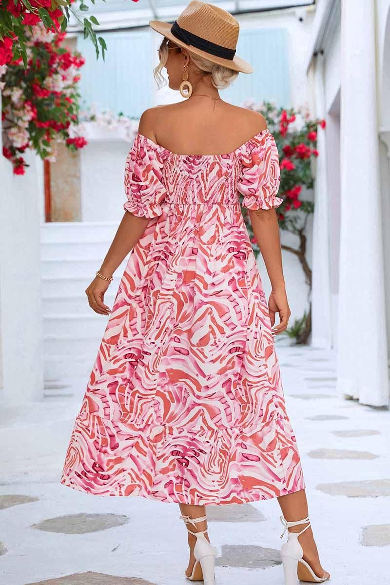 MABLE PATTERN OFF SHOULDER FLARE MAXI DRESS - Doublju