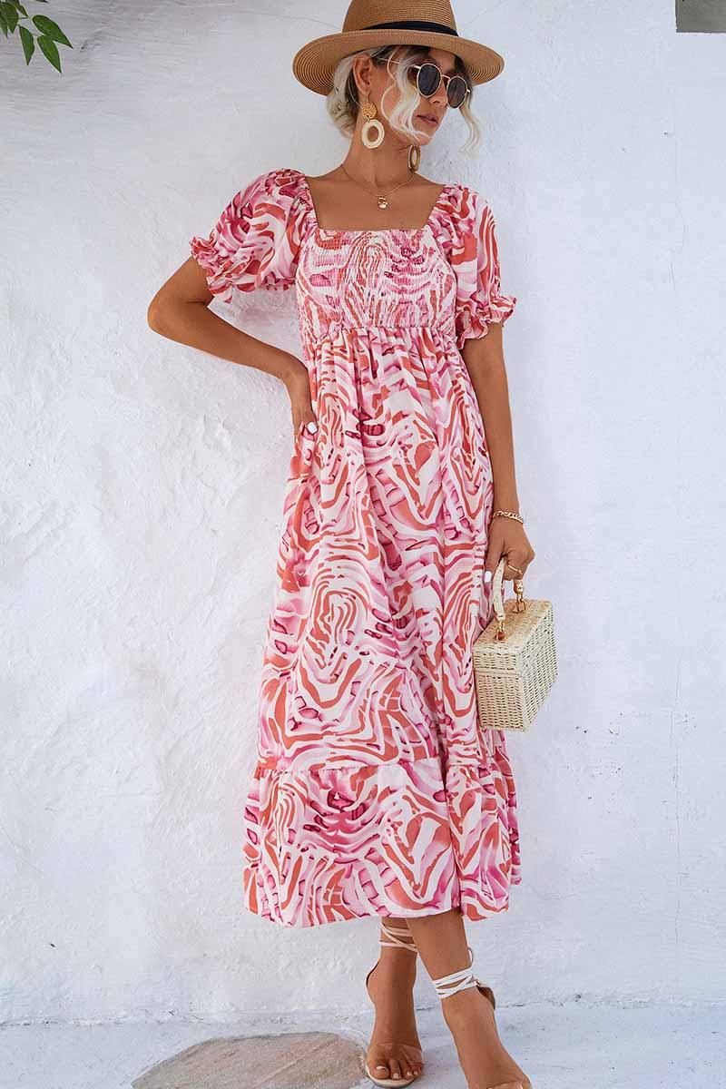 MABLE PATTERN OFF SHOULDER FLARE MAXI DRESS - Doublju