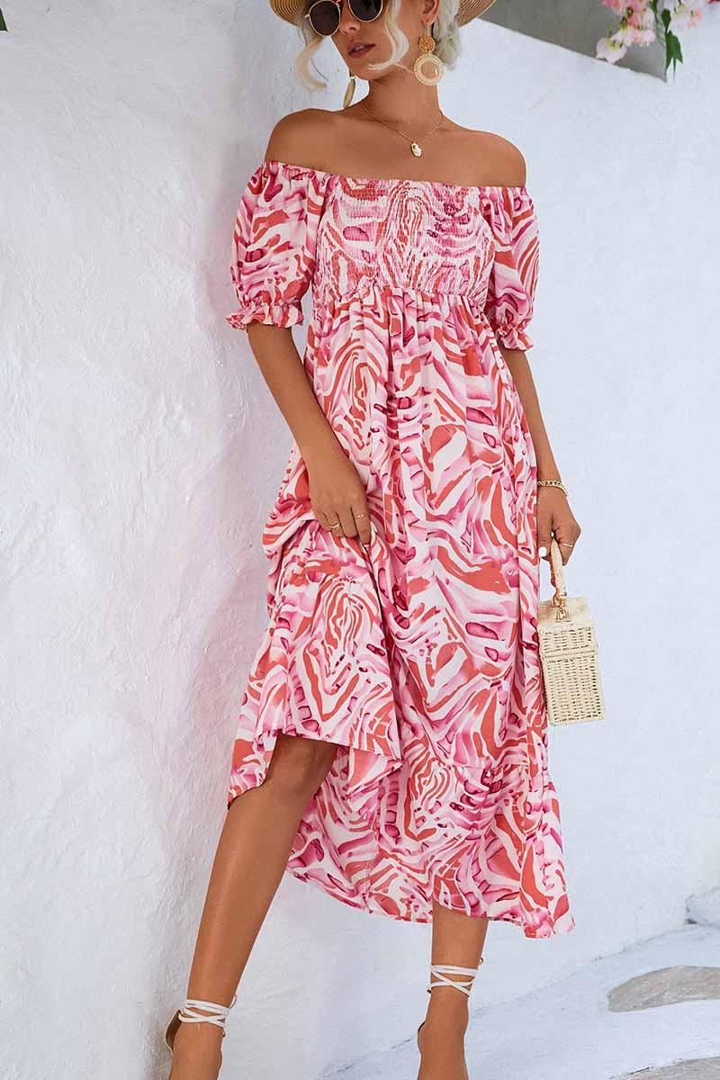 MABLE PATTERN OFF SHOULDER FLARE MAXI DRESS - Doublju