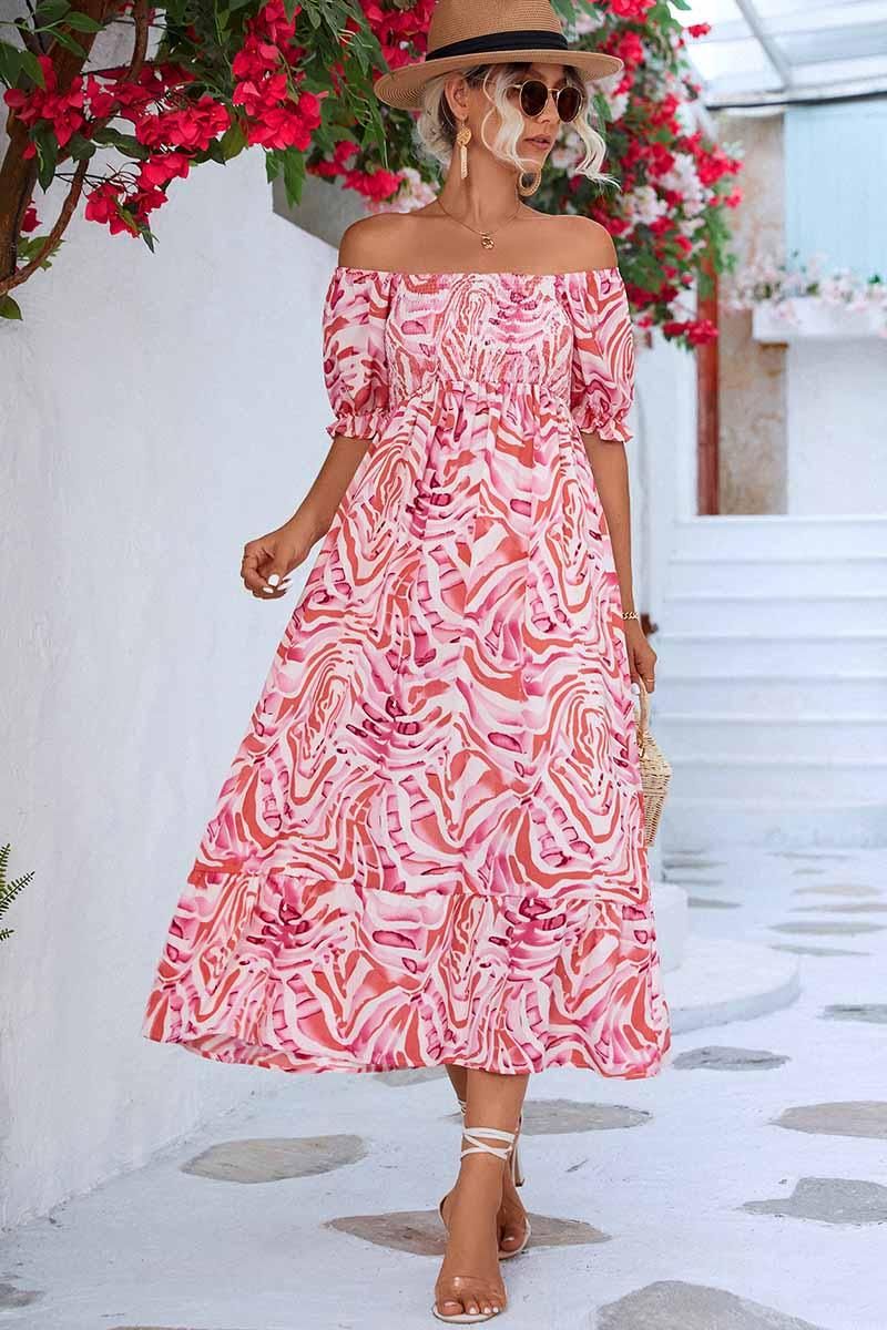 MABLE PATTERN OFF SHOULDER FLARE MAXI DRESS - Doublju