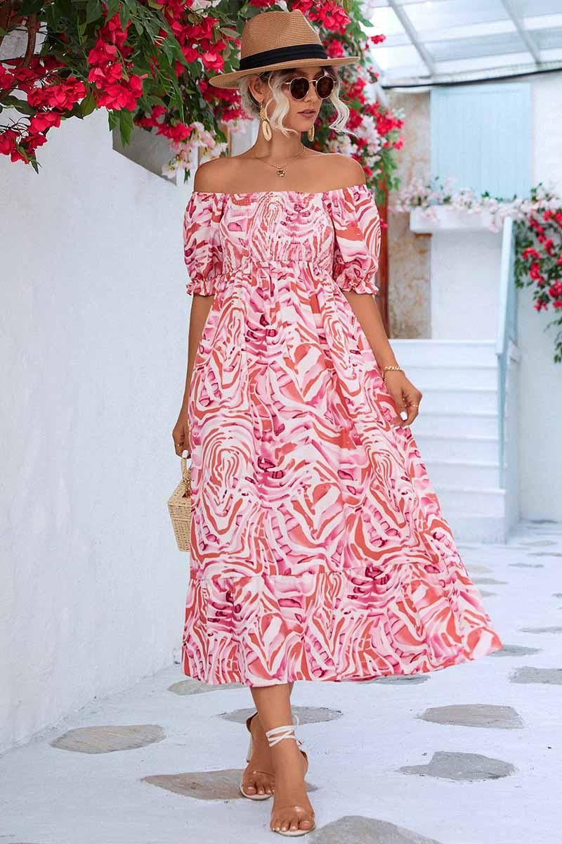 MABLE PATTERN OFF SHOULDER FLARE MAXI DRESS - Doublju