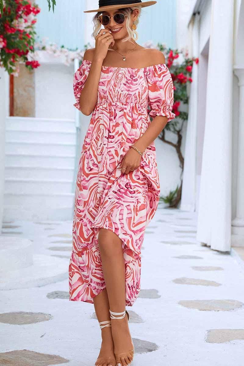 MABLE PATTERN OFF SHOULDER FLARE MAXI DRESS - Doublju