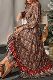 WOMEN V NECK BOHEMIAN PATTERN SLIT MAXI DRESS