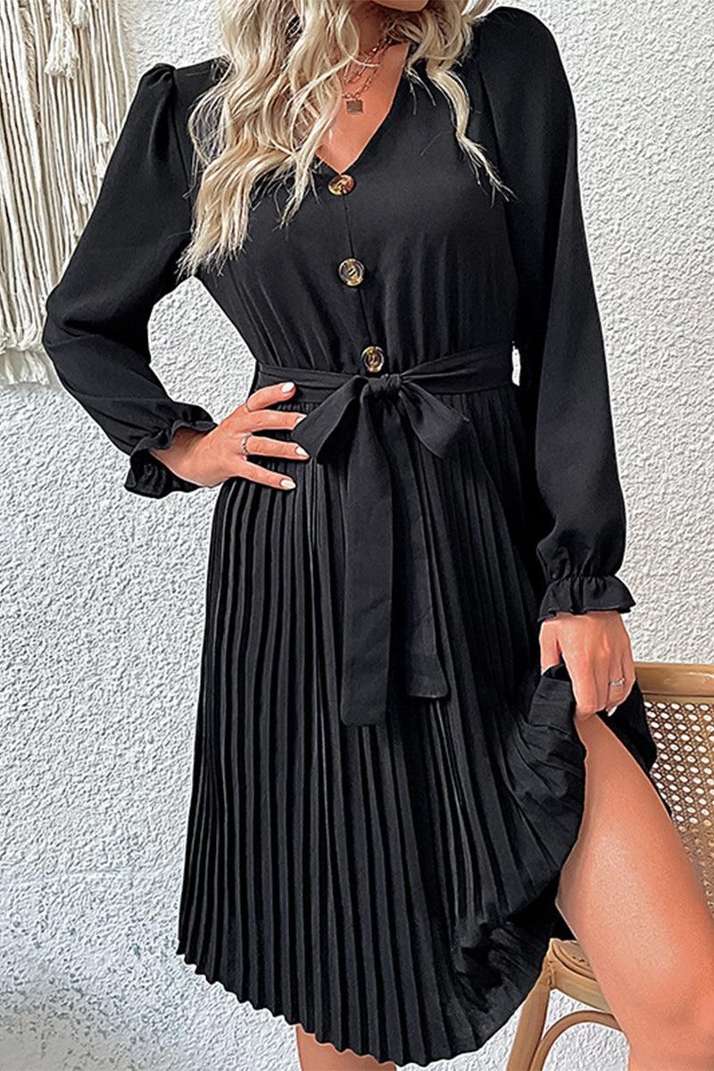 BUTTON DETAILED SLIM WIST PLEATED TRENDY DRESS - Doublju
