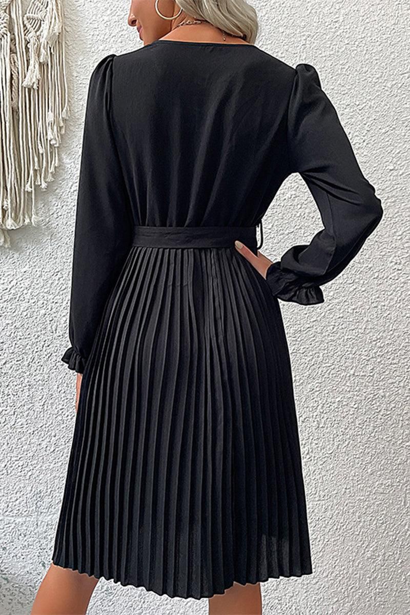 BUTTON DETAILED SLIM WIST PLEATED TRENDY DRESS - Doublju
