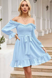 SHORT SQUARE NECK FRILL FLARE DRESS - Doublju