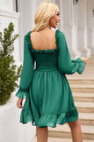 SHORT SQUARE NECK FRILL FLARE DRESS - Doublju