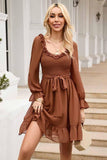 SHORT SQUARE NECK FRILL FLARE DRESS - Doublju