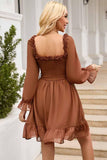 SHORT SQUARE NECK FRILL FLARE DRESS - Doublju