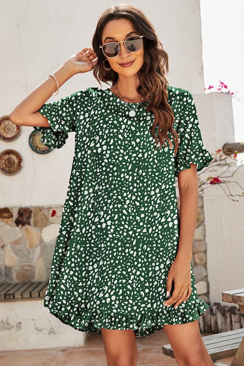 LEOPARD PRINTING RUFFLED SHORT SLEEVE DRESS - Doublju