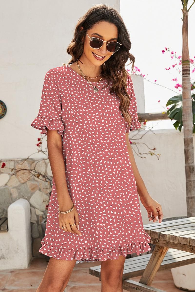 LEOPARD PRINTING RUFFLED SHORT SLEEVE DRESS - Doublju
