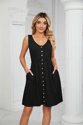 SLEEVELESS BUTTON POCKET SLIM WAIST DRESS - Doublju