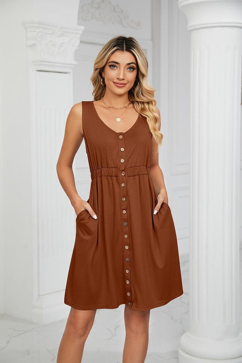 SLEEVELESS BUTTON POCKET SLIM WAIST DRESS - Doublju