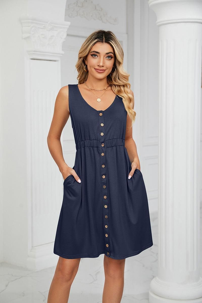 SLEEVELESS BUTTON POCKET SLIM WAIST DRESS - Doublju
