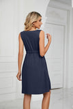 SLEEVELESS BUTTON POCKET SLIM WAIST DRESS - Doublju
