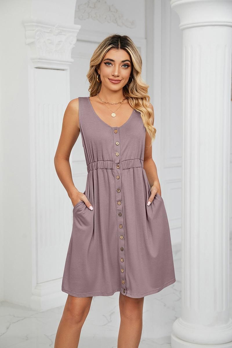SLEEVELESS BUTTON POCKET SLIM WAIST DRESS - Doublju