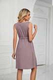 SLEEVELESS BUTTON POCKET SLIM WAIST DRESS - Doublju