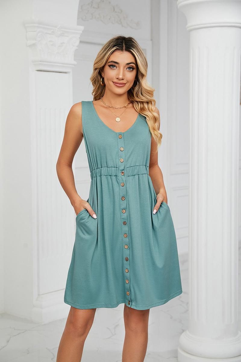 SLEEVELESS BUTTON POCKET SLIM WAIST DRESS - Doublju