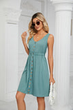 SLEEVELESS BUTTON POCKET SLIM WAIST DRESS - Doublju