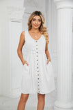 SLEEVELESS BUTTON POCKET SLIM WAIST DRESS - Doublju