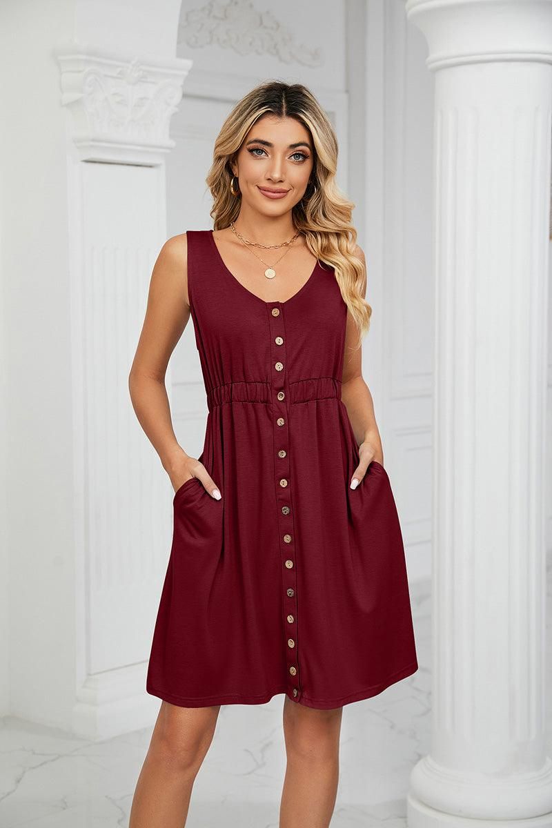 SLEEVELESS BUTTON POCKET SLIM WAIST DRESS - Doublju