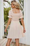 SQUARE NECK PUFF SLEEVES PLEATED SHORT DRESS - Doublju