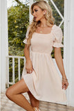 SQUARE NECK PUFF SLEEVES PLEATED SHORT DRESS - Doublju