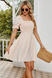 SQUARE NECK PUFF SLEEVES PLEATED SHORT DRESS - Doublju