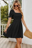 SQUARE NECK PUFF SLEEVES PLEATED SHORT DRESS - Doublju