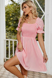 SQUARE NECK PUFF SLEEVES PLEATED SHORT DRESS - Doublju